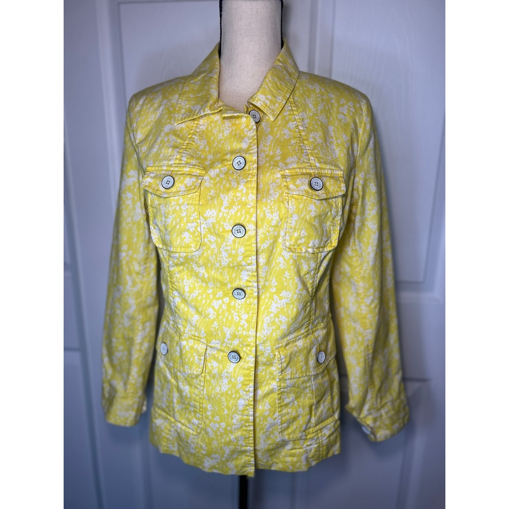CAbi‎ Yellow Floral Print Utility Jacket Button Front Lightweight Size Small